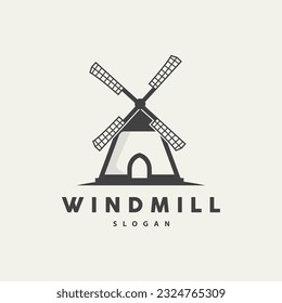 Windmill Logo, Agriculture Farm Vector, Nature Landscape Retro Vintage Design Illustration