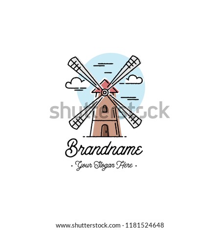 Windmill logo. Bakery emblem design. Outline style. Vector illustration