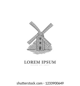 Windmill logo classic hand drawing vintage monochrome icon symbol illustration style