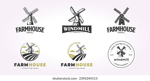 windmill logo design bundle, wind energy illustration vector set, farmhouse icon emblem bundle