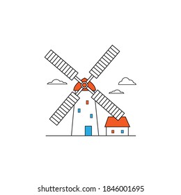 Windmill logo isolated on white background. Rural landscape with mill building for bakery emblem design. Vector illustration
