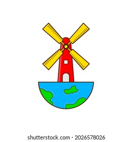 windmill logo over the hemispheres of the planet earth. Farm House logo with flat art elements