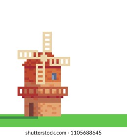 Windmill logo pixel art icon. Traditional european mill. Village farm buildings, agriculture. Isolated vector illustration. Design stickers, logo bakery, mobile app. 8-bit sprite. 