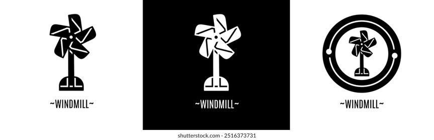 Windmill logo set. Collection of black and white logos. Stock vector.