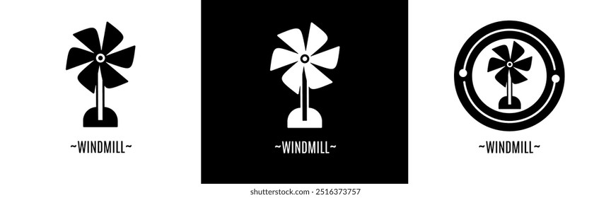 Conjunto de logotipo de moinho de vento. Coleção de logotipos em preto e branco. Vetor de estoque.