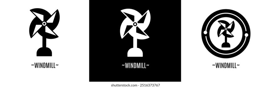 Windmill logo set. Collection of black and white logos. Stock vector.