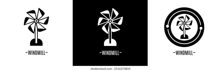Windmill logo set. Collection of black and white logos. Stock vector.