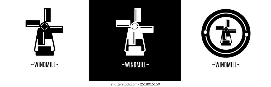 Windmill logo set. Collection of black and white logos. Stock vector.