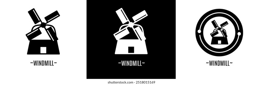 Windmill logo set. Collection of black and white logos. Stock vector.