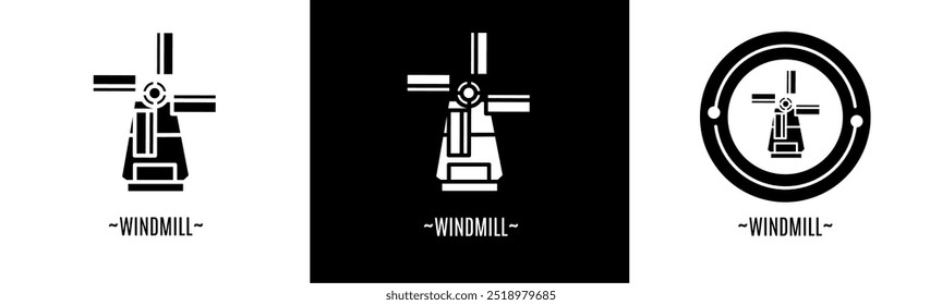 Windmill logo set. Collection of black and white logos. Stock vector.