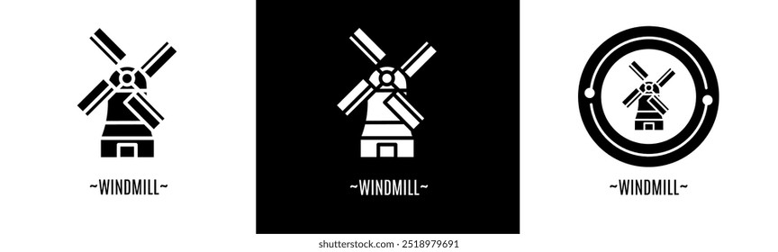 Windmill logo set. Collection of black and white logos. Stock vector.