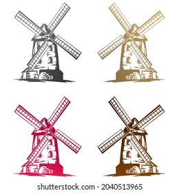 Windmill Logo Vector Illustration. Old Wooden Windmill Isolated On A White Background
