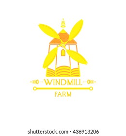 Windmill logotype design. Mill symbol made in modern and trendy line style vector.  Agricultural label illustration concept. Windmill farm is isolated on a white background. Organic wheat logo product