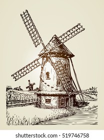 Windmill, mill or bakery. Vintage hand drawn illustration