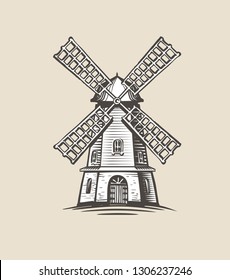 Windmill, mill logo or label. Farm, agriculture symbol. Sketch vector illustration