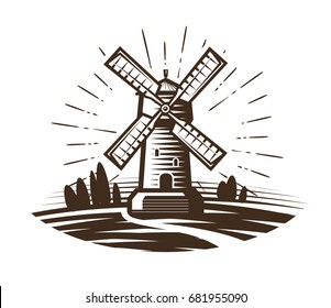 Windmill, mill logo or label. Farm, agriculture, bakery, bread icon. Vintage vector illustration