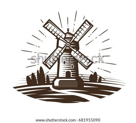 Windmill, mill logo or label. Farm, agriculture, bakery, bread icon. Vintage vector illustration