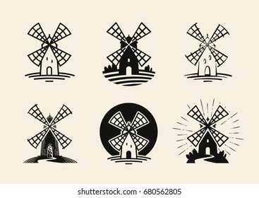 Windmill, mill logo or label. Flour, bakery icons set. Vector illustration