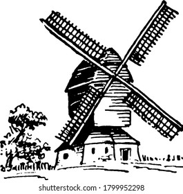Windmühle, eine Mühle, die die Windenergie durch als Schaufeln bezeichnete Vintage-Linien-Zeichnung oder Graviergrafik in Rotationsenergie umwandelt.