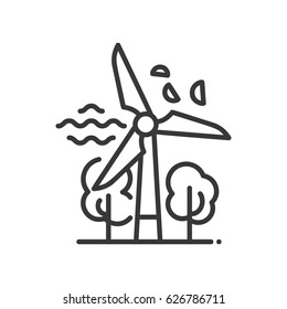 Windmill - modern vector single line icon. An image of a mill, wind, tree, leaves. Representation of ecology, nature, future, green technology and prosperity.