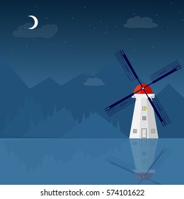 Windmill Near River and mountains, Vector Illustration