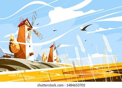 Windmill near wheat field vector illustration. Building with sails or vanes that turn in wind and generate power to grind grain into flour flat style concept