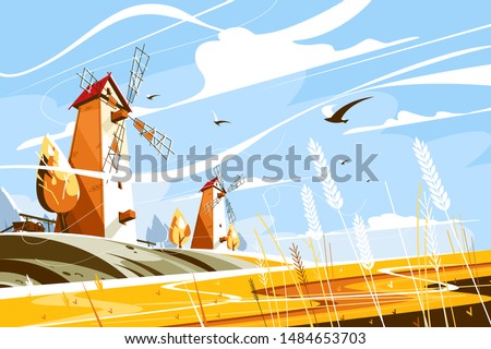 Windmill near wheat field vector illustration. Building with sails or vanes that turn in wind and generate power to grind grain into flour flat style concept