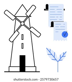 A windmill is next to a pair of financial documents with a checkmark and a blue leaf symbol below them. Ideal for sustainability, finance, agriculture, documentation, and eco-friendly themes. Simple