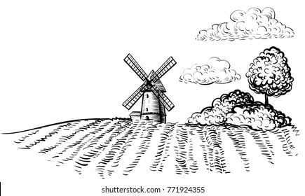 Windmill on agricultural field on background trees and rural landscape hand drawn sketch style illustration. Black and white rural farm horizontal landscape vector image