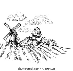 Windmill on agricultural field on background trees and rural landscape hand drawn sketch style illustration. Black and white rural farm landscape vector image