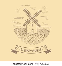 Windmill on the background of fields in vintage retro style