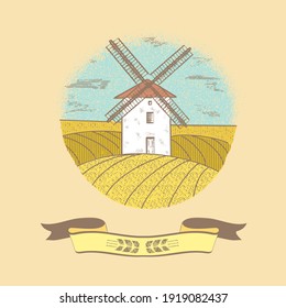 Windmill on the background of fields in vintage retro style