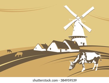 Windmill on the background of natural landscape