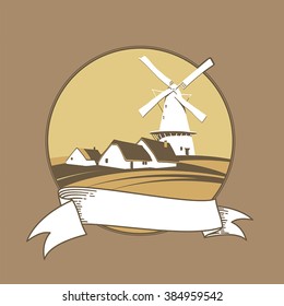 Windmill on the background of natural landscape label