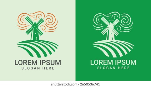 Windmill on a Farm Logo for Agriculture and Sustainable Energy