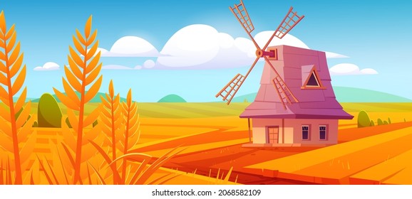 Windmill on farm nature rural background with plowed field and wheat. Vintage wind mill under blue cloudy sky. Countryside farmland tranquil summer time or fall landscape. Cartoon vector illustration