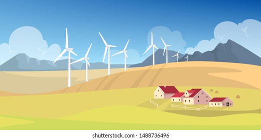 Windmill on the field. Idea of alternative energy, electricity generator. Large turbine, eco friendly technology. Farm landscape. Vector illustration in cartoon style