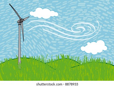 Windmill on the field. illustration freehand