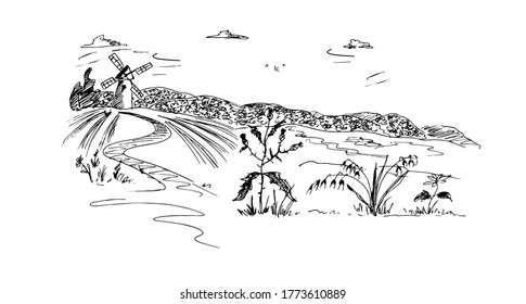 Windmill on the field. Sketch Vector illustration.