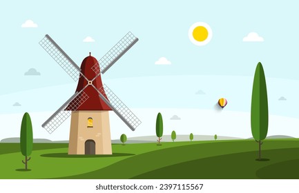 Molino de viento en campo con árboles y sol en el cielo