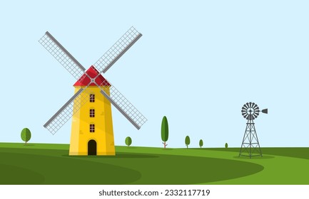 Windmill on field with trees - vector windmills