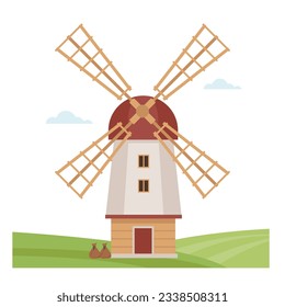 Windmill on green field. Traditional farm building for grinding wheat grains to flour. European wind Mill. Vector illustration isolated on white background.