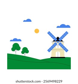 Windmill On A Green Hill With Trees And Clouds In Flat Vector Illustration Symbolizing Sustainable Energy And Rural Scenery, Isolated On White Background.