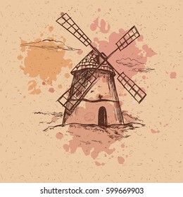 Windmill on hand drawn craft paper