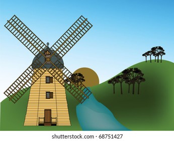 windmill on the hill near the  river