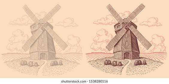 A windmill on a hill and sacks of flour. Design set. Hand drawn engraving. Editable vector vintage illustration. Isolated on light background. 8 EPS