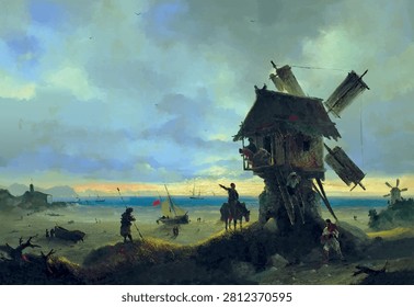 Windmill on the seashore - vector illustration