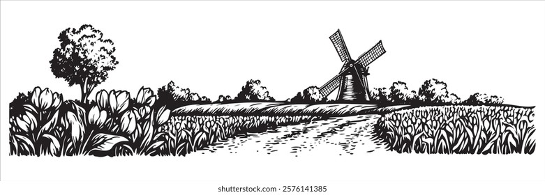 windmill on tulip field landscape in black and white hand-drawn style