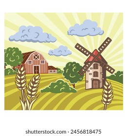 Windmill on a wheat field. cartoon vector illustration.
