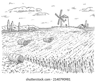 Windmill on wheat field. Vintage vector black engraving illustration. Isolated on white background